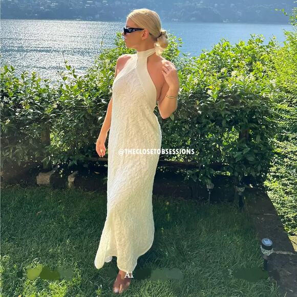 🤍 ZARA Halter Midi Dress NWT | Oyster White Open Back Textured M - Picture 13 of 16